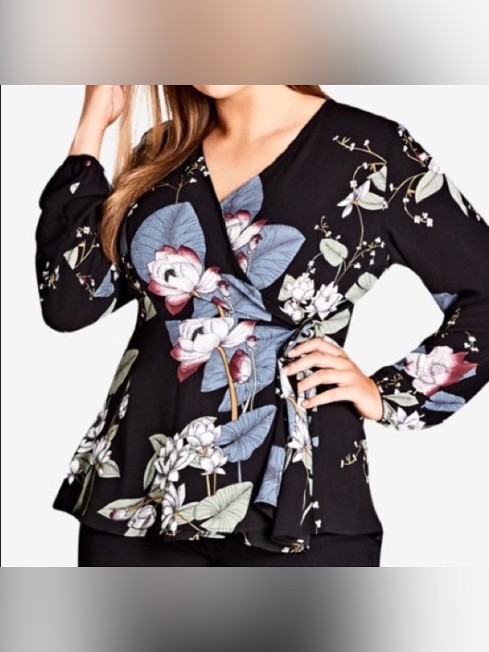 City Chic Floral Wrap Top in Black, Size 24W - Picture 8 of 8